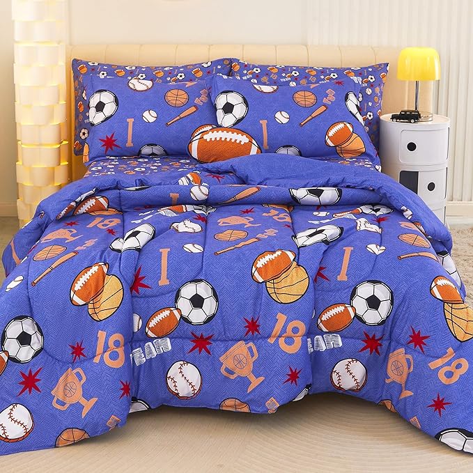 Mooreeke Bed in a Bag for Kids Boys Teens, 8 Pieces Full Size Comforter Bed Set with Shams, Sheet Set and Decorative Toy Pillow, Balls Blue Super Soft Microfiber Kids Comforter Bedding Set