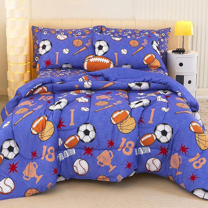 Mooreeke Bed in a Bag for Kids Boys Teens, 8 Pieces Full Size Comforter Bed Set with Shams, Sheet Set and Decorative Toy Pillow, Balls Blue Super Soft Microfiber Kids Comforter Bedding Set