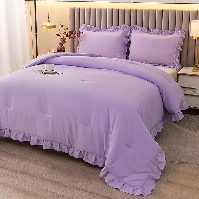 Andency Lavender Twin Size Comforter(66x90Inch), 2 Pieces(1 Ruffle Comforter and 1 Pillowcase) Solid Farmhouse Shabby Chic Comforter, Lighteweight and Soft Microfiber Bedding Set