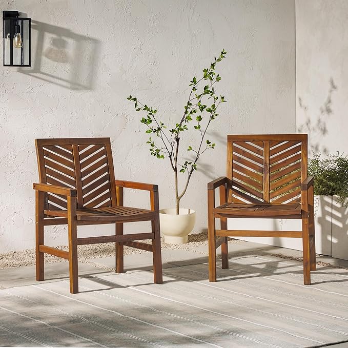 Walker Edison 2 Piece Outdoor Patio Chevron Wood Chair Set All Weather Backyard Conversation Garden Poolside Balcony, Set of 2, Dark Brown