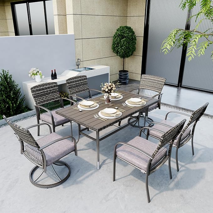 Pamapic 7 Piece Patio Dining Set for 6,Wicker Outdoor Furniture Set for Backyard Garden Deck Poolside with Iron Slats Table Top,4 Dining Chairs and 2 Swivel Rockers,Removable Cushions(Gray)