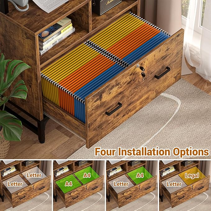 Homieasy File Cabinet with Charging Station, Vertical Filing Cabinet with Lock & Large Drawer, Printer Stand with Storage Shelves, Office Storage Cabinet fits Letter/A4/Legal Size,Rustic Brown