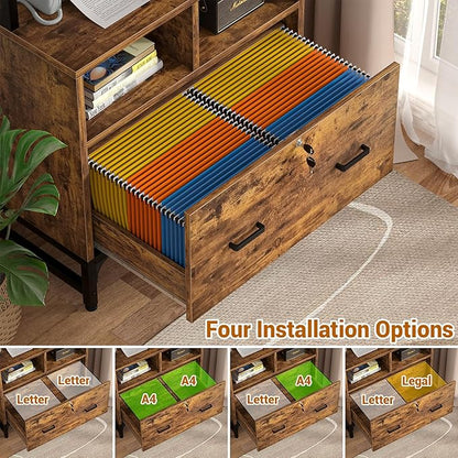 Homieasy File Cabinet with Charging Station, Vertical Filing Cabinet with Lock & Large Drawer, Printer Stand with Storage Shelves, Office Storage Cabinet fits Letter/A4/Legal Size,Rustic Brown