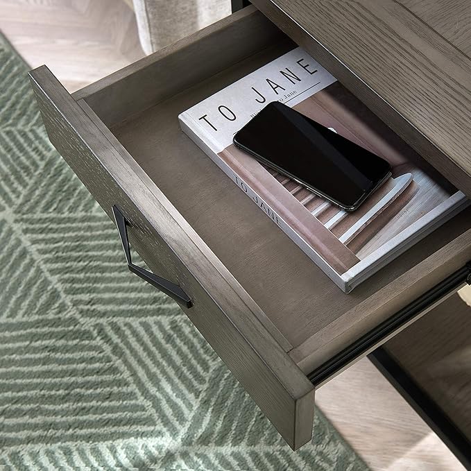 Leick Home 23007 Chisel & Forge One Drawer X Design Mixed Metal and Wood Side Table with Shelf, Smoke Gray and Matte Black, 22 in x 24 in x 24 in