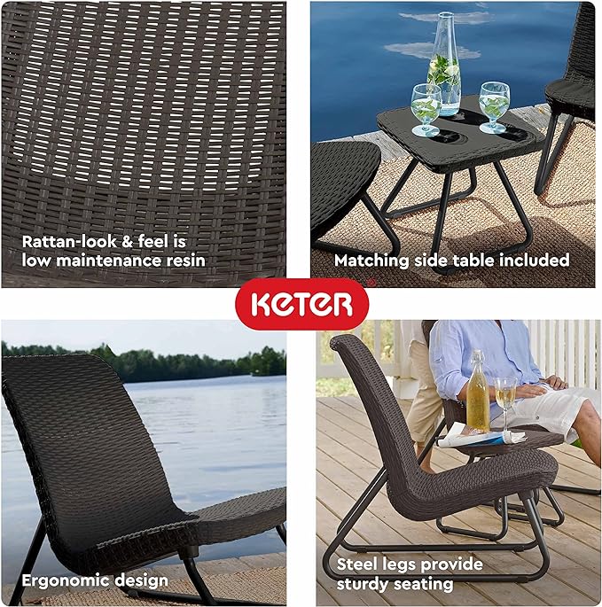 Keter Rio 3 Piece Resin Wicker Patio Furniture Set with Side Table and Outdoor Chairs, Dark Grey