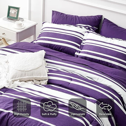 Bedsure Bed in a Bag Twin Size 5-Piece Purple White Striped Bedding Comforter Sets All Season Bed Set with 1 Pillow Sham, Flat Sheet, Fitted Sheet and 1 Pillowcase