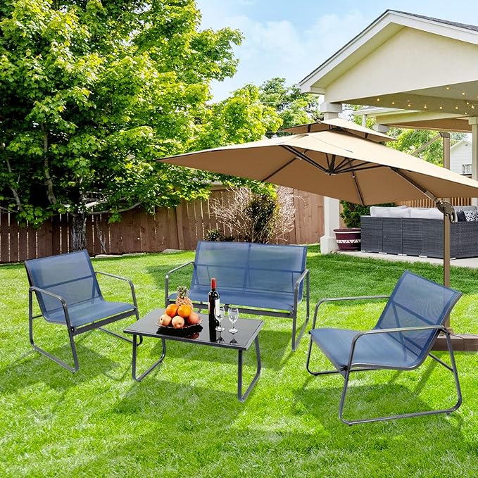 4 Pieces Patio Furniture Set Outdoor Patio Conversation Sets Poolside Lawn Chairs with Glass Coffee Table Porch Furniture for Courtyard, Garden and Balcony (Blue)