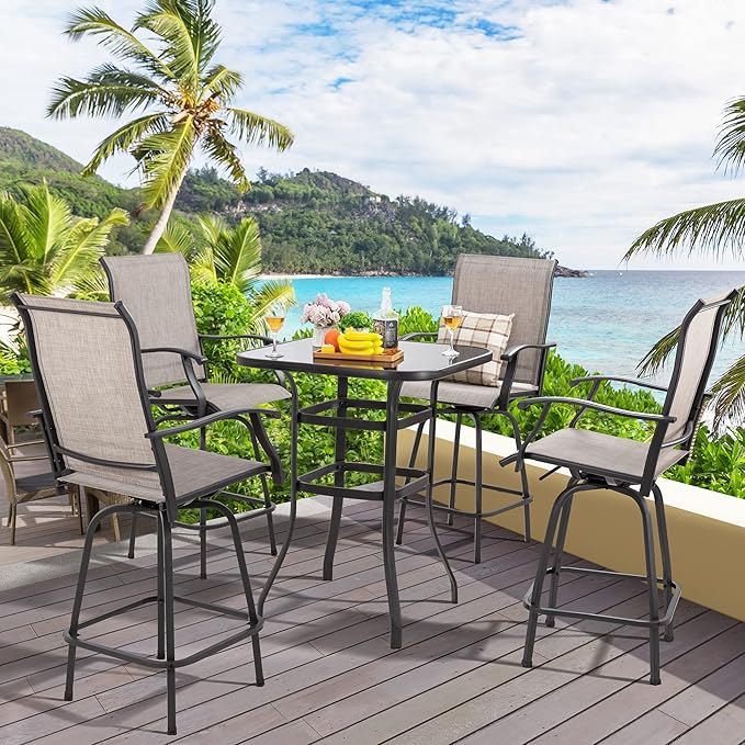 Shintenchi 5 Pieces Outdoor Swivel Bar Set, All Weather Textile Fabric Patio High Bar Stool Bistro Set with 4 Height Back Bar Chairs and Glass Table for Home, Backyard, Garden, Lawn, Porch