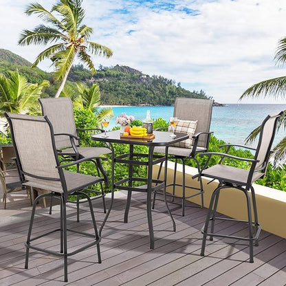 Shintenchi 5 Pieces Outdoor Swivel Bar Set, All Weather Textile Fabric Patio High Bar Stool Bistro Set with 4 Height Back Bar Chairs and Glass Table for Home, Backyard, Garden, Lawn, Porch