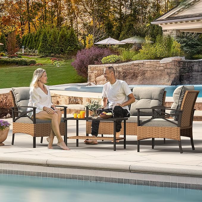 YITAHOME 4-Piece Patio Furniture Wicker Outdoor Bistro Set, All-Weather Rattan Conversation Loveseat Chairs for Backyard, Balcony and Deck with Soft Cushions and Metal Table (Light Brown+Gray)