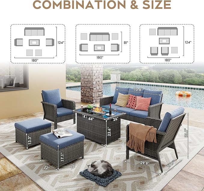 Yechen Patio Conversation Set with 44" Propane Gas Fire Pit Table - 6 Pcs Outdoor Wicker Furniture Set with Lid & Wind Shields - Luxury 7 Seats Sectional Sofa Set for Porch,Backyard