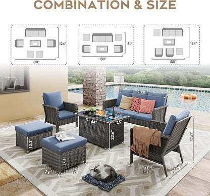 Yechen Patio Conversation Set with 44" Propane Gas Fire Pit Table - 6 Pcs Outdoor Wicker Furniture Set with Lid & Wind Shields - Luxury 7 Seats Sectional Sofa Set for Porch,Backyard