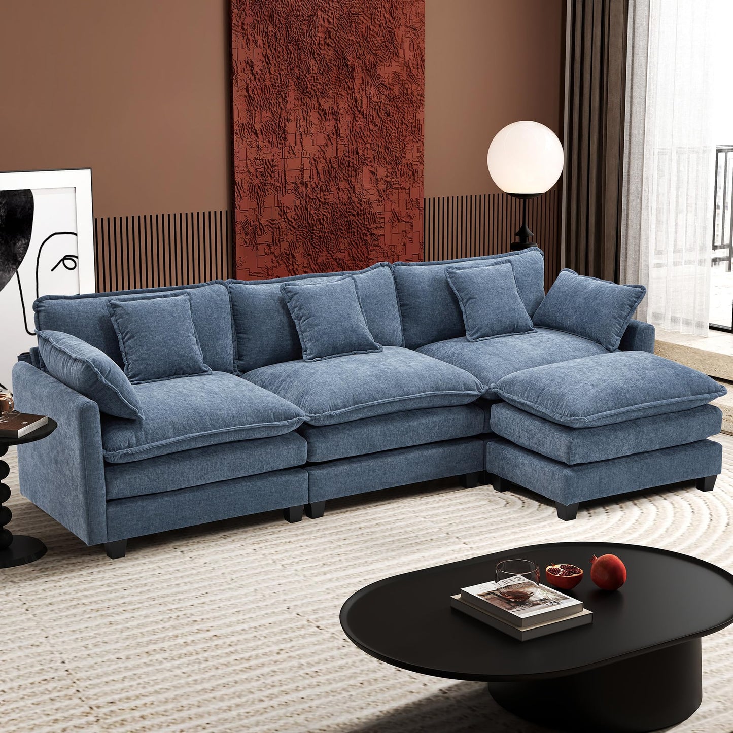 Ihanherry 111.4" L Shaped Modern Sofa Modular Sectional Cloud Couch with Ottoman, 4-Seat Chenille Deep Seat Sofa with Pillow for Living Room, Bedroom and Apartment, Beige