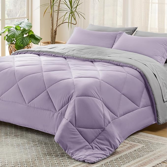 Bedsure Light Purple California King Size Comforter Set - 7 Pieces Reversible California King Bed in a Bag, Cal King Light Purple and Grey Bed Set with Comforters, Sheets, Pillowcases & Shams