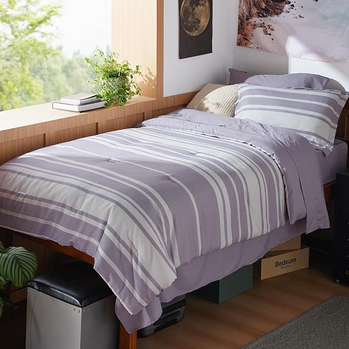 Bedsure Twin XL Comforter Set, Extra Long 5 Pieces Purple Striped Twin XL Bedding Sets, All Season Dorm Room Essentials with 1 Pillow Sham, Flat Sheet, Fitted Sheet and 1 Pillowcase