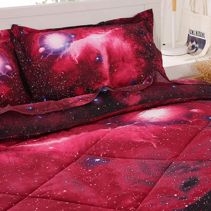 Wowelife 5-Piece Twin Comforter Set for Boys Space, Premium Galaxy Bedding Set Red, 3D Galaxy Comforter Set, Comfortable and Soft Kids Bedding Set