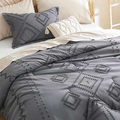 Bedsure Boho Comforter Set Full - Dark Grey Tufted Bedding Comforter Set, 3 Pieces Farmhouse Shabby Chic Embroidery Bedding Set, Soft Geometric Pattern Comforter for All Seasons