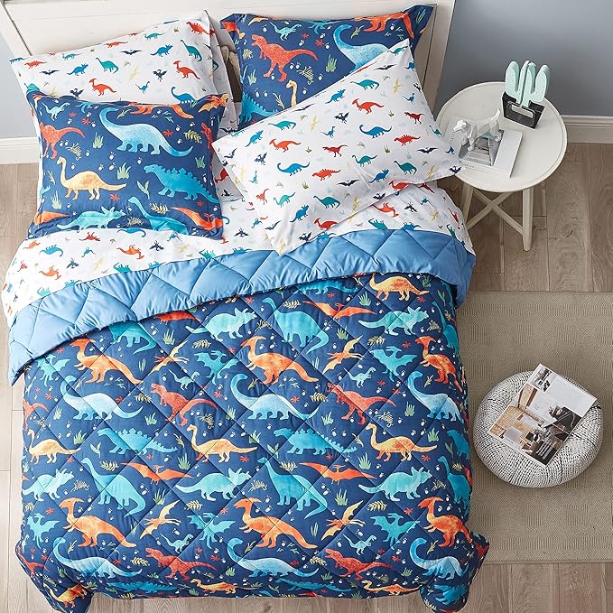 Kids Queen Bedding Comforter Set for Boys, 7 Pieces Soft Lightweight Dinosaur Bedding Queen Set with Sheets, Bed in a Bag, Durable Boys Queen Comforter Set