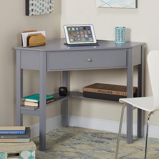 Target Marketing Systems Ellen Corner Desk Drawer and One Storage Shelf for Living Room, Bedroom, or Home Office, Small Computer Table, 42" W x 30" H, Anchor Gray