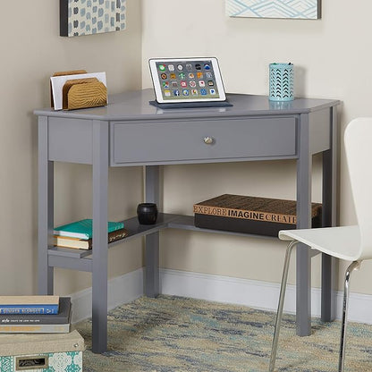 Target Marketing Systems Ellen Corner Desk Drawer and One Storage Shelf for Living Room, Bedroom, or Home Office, Small Computer Table, 42" W x 30" H, Anchor Gray