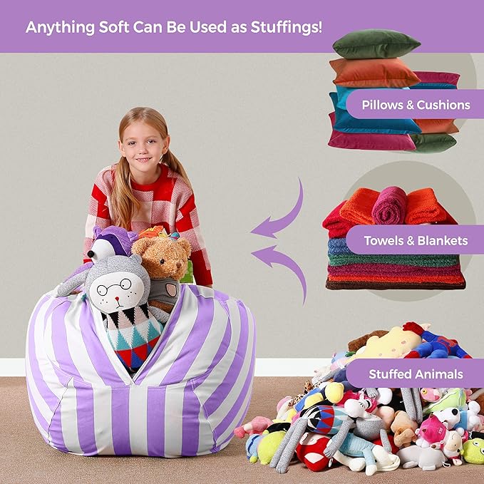 Aubliss Stuffed Animal Bean Bag Storage Chair (Purple/White Striped, Medium (32''))