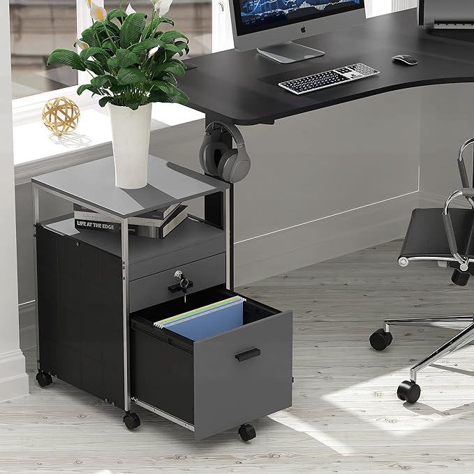 SHW Rolling File Cabinet w/ 2 Drawers & Open Shelf, Gray