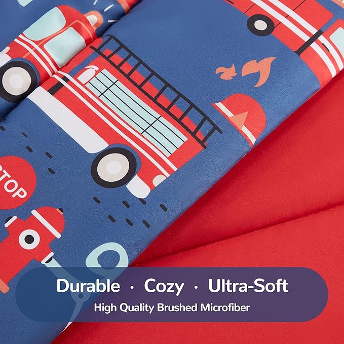 SLEEP ZONE Kids Bedding Comforter Set Full/Queen Size - 7 Pieces Super Cute & Soft Bedding Sets & Collections with Comforter, Sheet, Pillowcase & Sham - Fade Resistant Easy Care (Fire Truck)
