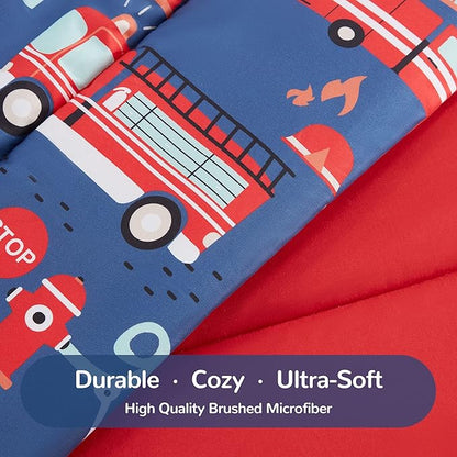 SLEEP ZONE Kids Bedding Comforter Set Full/Queen Size - 7 Pieces Super Cute & Soft Bedding Sets & Collections with Comforter, Sheet, Pillowcase & Sham - Fade Resistant Easy Care (Fire Truck)