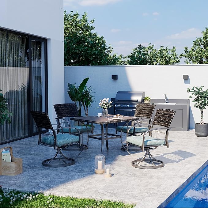 Pamapic 5 Piece Patio Dining Set for 4,Outdoor Wicker Furniture Set for Backyard Garden Deck Poolside with 4 Cushions Swivel Rocker Chairs,Square Plastic-Wood Table Top, Removable Cushions(Green)