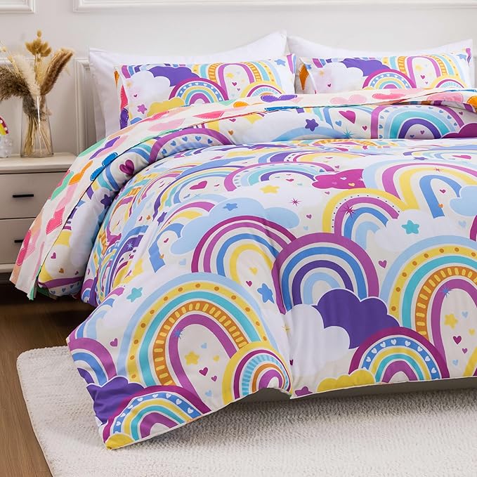 Btargot Lightweight Soft 3 Piece Rainbow Comforter Set with 2 Pillow Covers, Cartoon Love Hearts Flowers and Sun Star Bedding Set for Girls Boys Kids,Queen Light Purple