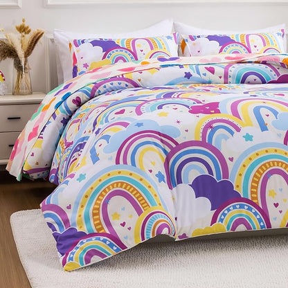 Btargot Lightweight Soft 3 Piece Rainbow Comforter Set with 2 Pillow Covers, Cartoon Love Hearts Flowers and Sun Star Bedding Set for Girls Boys Kids,Queen Light Purple