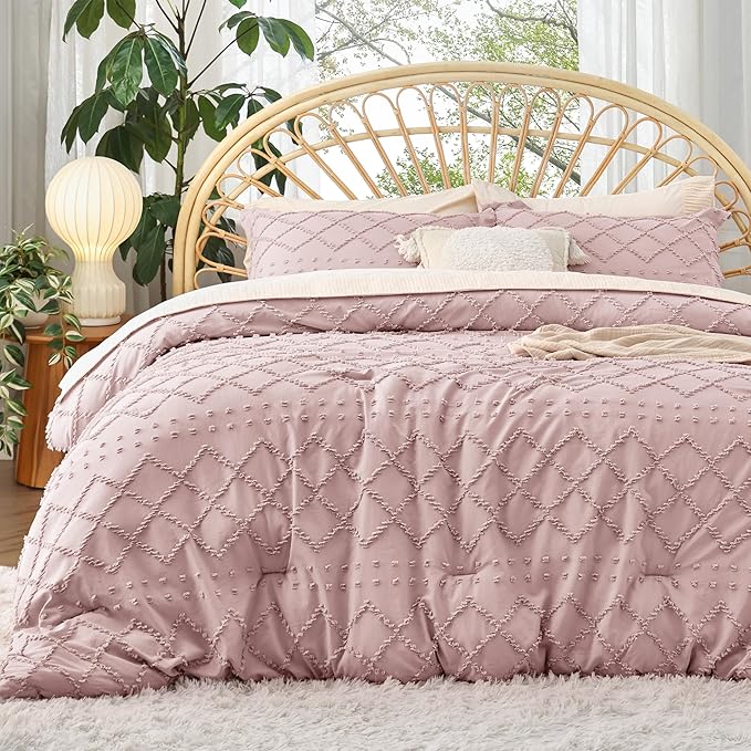 Bedsure Twin/Twin XL Comforter Set - Dusty Rose Boho Twin Extra Long Comforter Set for College, Shabby Chic Dorm Bedding Set, 2 Pieces Modern Farmhouse Bed Set, includes 1 Pillow Sham