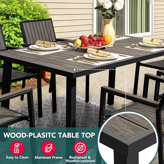 Pamapic Aluminum Outdoor Dining Set, Patio Dining Set for 8 with 6 Outdoor Stackable Chairs, Patio Table and Chairs Set with Plastic-Wood Table Top for Patio, Garden(Charcoal Gray)