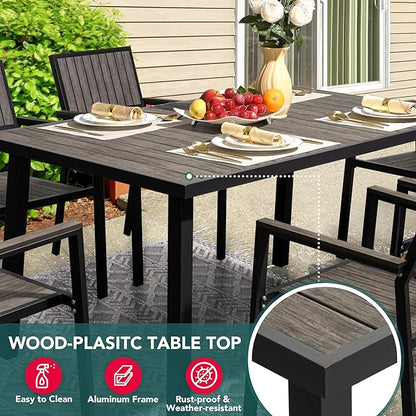 Pamapic Aluminum Outdoor Dining Set, Patio Dining Set for 8 with 6 Outdoor Stackable Chairs, Patio Table and Chairs Set with Plastic-Wood Table Top for Patio, Garden(Charcoal Gray)