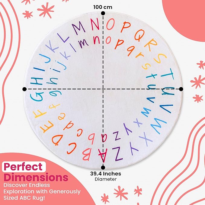 ABC Rug for Kids Room - 40 inch Round Alphabet Rug - ABC Classroom Rug for Kids Learning - Round Rug for Kids Room Decor - ABC Rugs for Kids Playroom - Round Nursery Rug - ABC Mats for Floor Toddlers