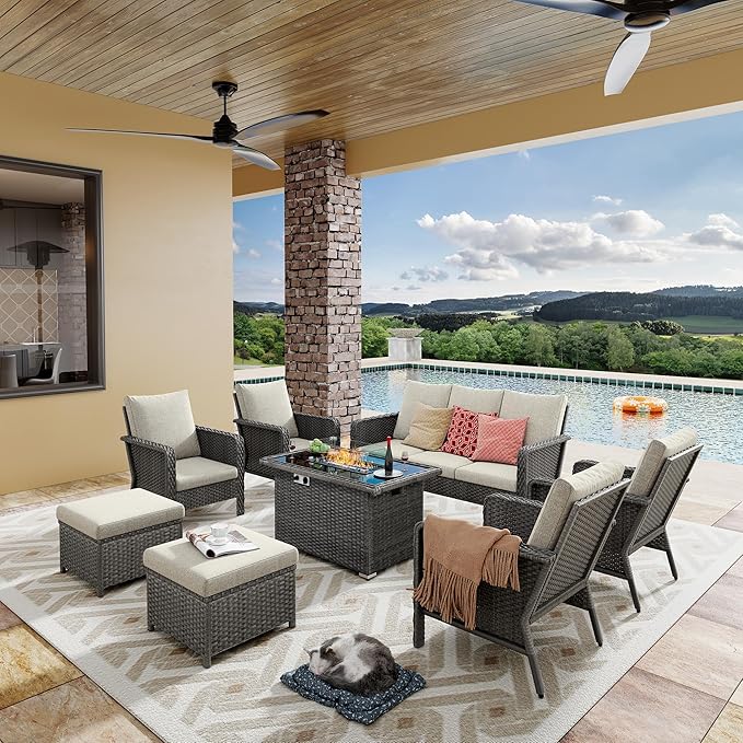 Yechen Patio Conversation Set 9 Seats with 44" Propane Gas Fire Pit Table - 8 Pcs Outdoor Wicker Furniture Set with Lid & Wind Shields - Sectional Sofa Set for Porch,Backyard