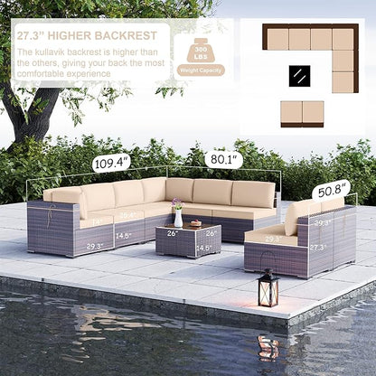 Kullavik 9PCS Outdoor Patio Furniture Set PE Wicker Rattan Sectional Sofa Patio Conversation Sets,Sand