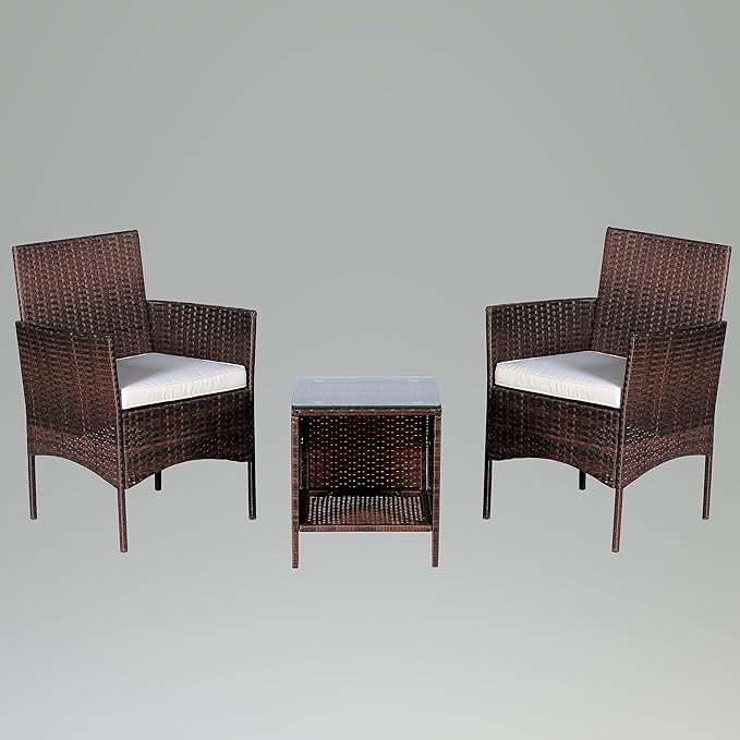 BTEXPERT Outdoor Wicker Conversation 3 Piece Bistro Garden Patio Yard Porch Furniture Space Saving Pe Rattan Two Chairs Cushions Side Storage Glass Table Brown/Beige 3pc Set, OneSize