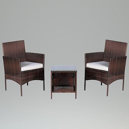 BTEXPERT Outdoor Wicker Conversation 3 Piece Bistro Garden Patio Yard Porch Furniture Space Saving Pe Rattan Two Chairs Cushions Side Storage Glass Table Brown/Beige 3pc Set, OneSize