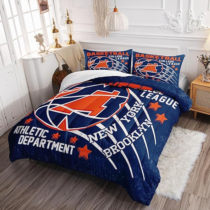 Datura home Basketball Comforter Sets for Boys Kids,Orange Blue Theme Basketball Championship American Style,Duvet 3Pcs in Quilt Sets with 1 Comforter and 2 Pillowcases(Orange Full)