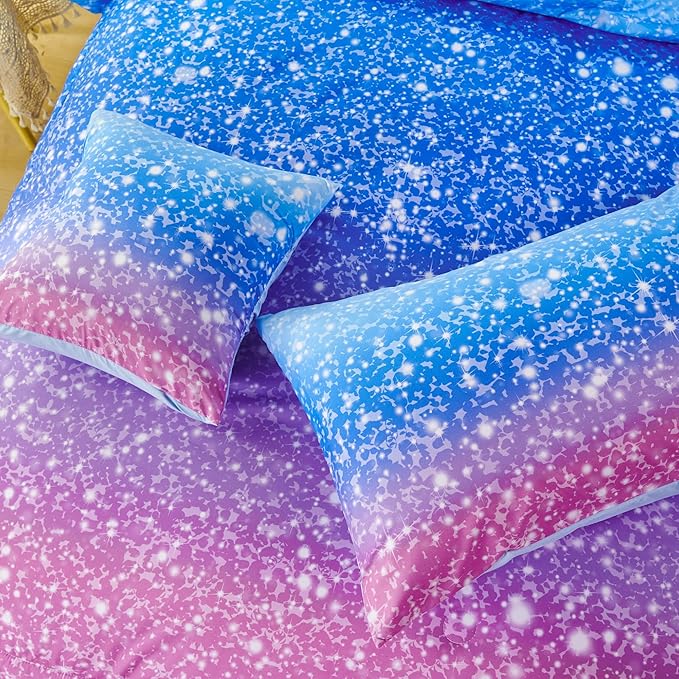 RYNGHIPY 6Pcs Sparkle Gradient Glitter Comforter Sets, Ombre Indigo Pink Gradient Bedding Set for Boys Girls, Rainbow Bed in A Bag Queen Size