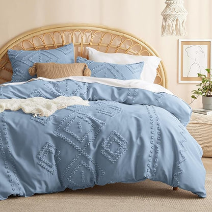 Bedsure Boho Comforter Set Queen - Mineral Blue Tufted Bedding Comforter Set, 3 Pieces Farmhouse Shabby Chic Embroidery Bedding Set, Soft Geometric Pattern Comforter for All Seasons