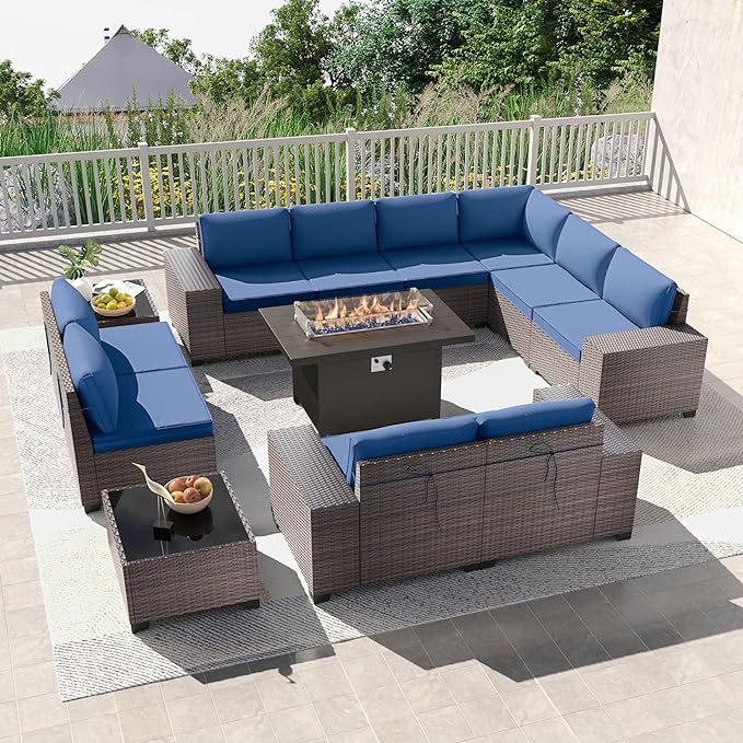 Kullavik 13PCS Outdoor Patio Furniture Set with 43" 55000BTU Gas Propane Fire Pit Table PE Wicker Rattan Sectional Sofa Patio Conversation Sets,Navy blue