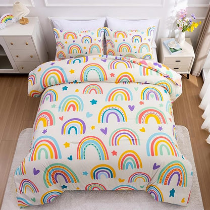 Btargot 3 Piece Kids Rainbow Comforter Set with 2 Pillow Covers, Cartoon Love Hearts Suns and Stars Bedding Set for Girls Boys Kids, Twin Beige