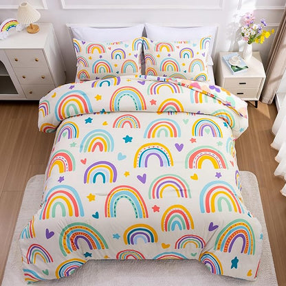 Btargot 3 Piece Kids Rainbow Comforter Set with 2 Pillow Covers, Cartoon Love Hearts Suns and Stars Bedding Set for Girls Boys Kids, Full Beige
