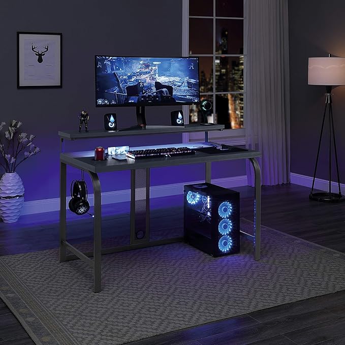 OSP Home Furnishings Reload Gaming Desk with Wireless Charging, USB Power Hub, and Remote Controlled RGB LED Lights, Matte Grey Carbon Fiber