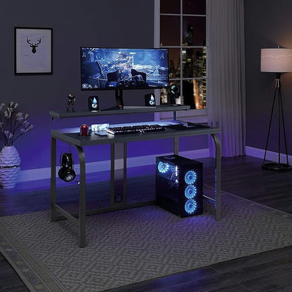 OSP Home Furnishings Reload Gaming Desk with Wireless Charging, USB Power Hub, and Remote Controlled RGB LED Lights, Matte Grey Carbon Fiber