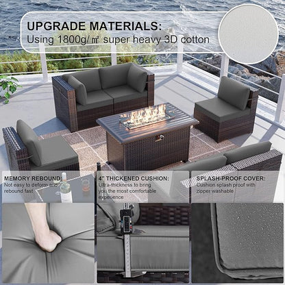 Kullavik 8 Pieces Outdoor Patio Furniture Set with 43" Gas Propane Fire Pit Table PE Wicker Rattan Sectional Sofa Patio Conversation Sets,Grey