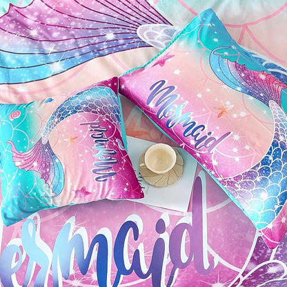 RYNGHIPY Kids Girls Comforter Set 6Pcs, Mermaid Bed in a Bag Full Size, Fish Tail Print Teens Girls Bedding Set, Rainbow Bedding Collections