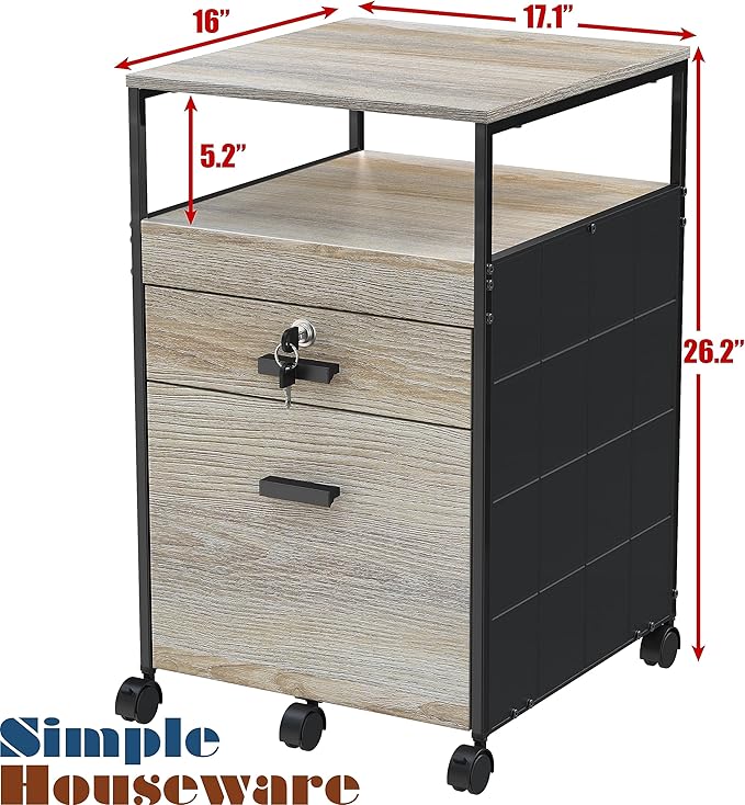 SHW Rolling File Cabinet w/ 2 Drawers & Open Shelf, Maple